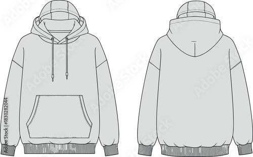 Hooded sweatshirt front and back flat sketch, dropped shoulder kangaroo pocket drawstring hood ribbed cuff hem horizontal back seam, cad drawing vector template