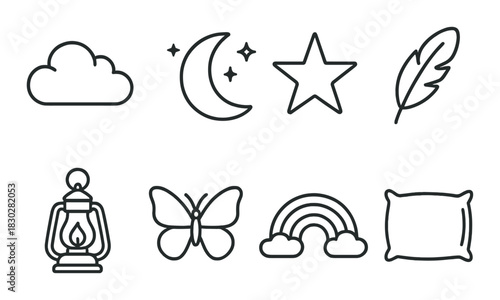 Outline icons: cloud, moon, star, feather, lantern, butterfly, rainbow, pillow