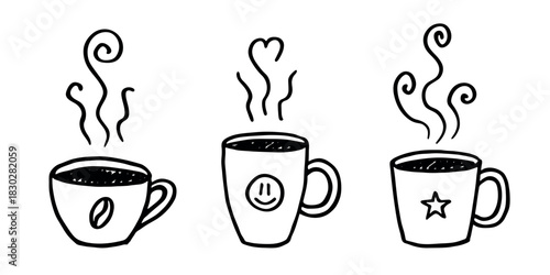 Set of cup of tea or coffee with rising steam Simple mug clipart Cozy home doodle Single element for print, web, design, decor