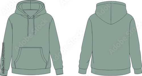 Hooded sweatshirt front and back flat sketch, drawstring hood kangaroo pocket ribbed cuff hem detail, cad drawing flat vector illustration template