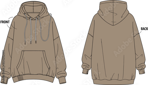 Hooded sweatshirt front and back flat sketch, drawstring hood kangaroo pocket ribbed cuff hem relaxed fit detail, cad drawing flat vector illustration