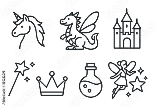 Fantasy icons set featuring unicorn, dragon, castle, and fairy tale elements
