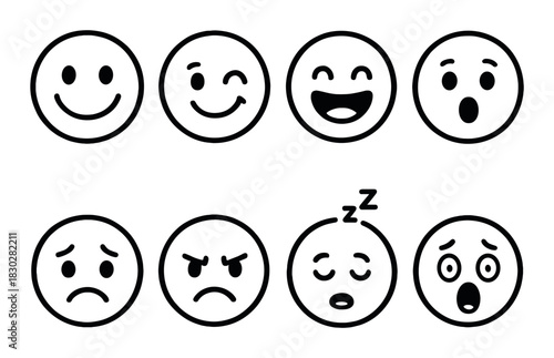 Set of eight cartoon emoticons displaying diverse facial expressions on brown background