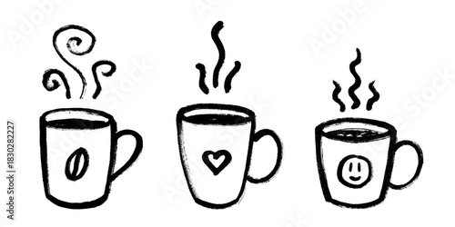Set of cup of tea or coffee with rising steam Simple mug clipart Cozy home doodle Single element for print, web, design, decor