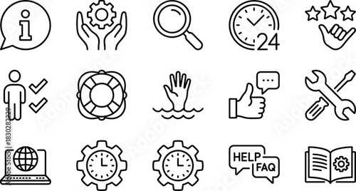 Technical Support, Customer Service, and Assistance Line Icon Set, 24-Hour Help, Quality Rating, Global Troubleshooting, Gear, and Information Outline Symbols Vector