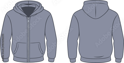 Gray zip-up hoodie front and back view, drawstring hood with pockets and ribbed trim, flat vector fashion sketch for garment design or apparel catalog template