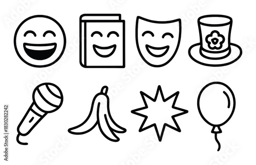 Comedy icons: smiley faces, theater mask, microphone, balloon, banana, top hat, starburst