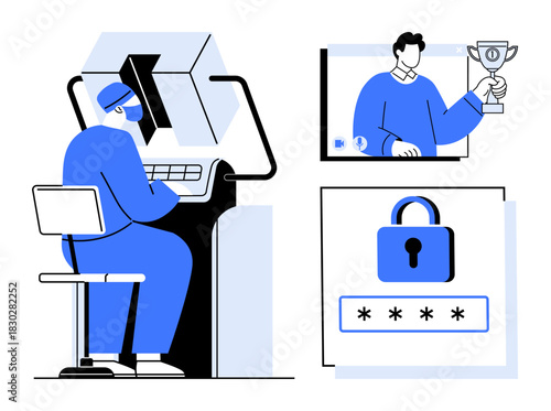 Man working at a computer, secure password input screen, and virtual teammate holding a trophy. Ideal for data protection, teamwork, digital security, technology, IT solutions, remote work online