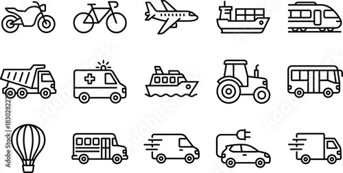 Transportation and Vehicle line icons set, Delivery, Cargo, Public Transport, Motorcycle, Train, Ship, Bicycle, and Emergency Car vector collection