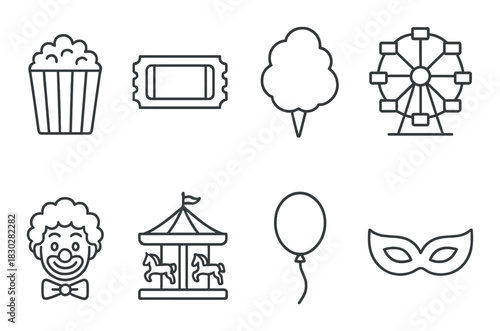Outline carnival icons: carousel, ferris wheel, clown, mask, balloon