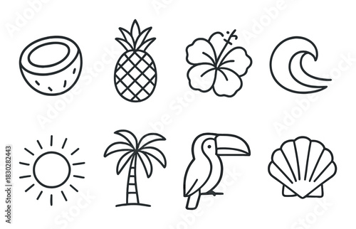 Tropical icons: coconut, pineapple, hibiscus, moon, sun, palm, toucan, seashell