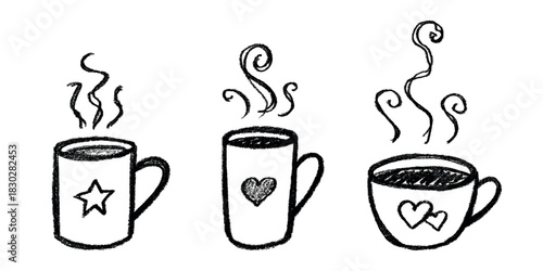 Set of cup of tea or coffee with rising steam Simple mug clipart Cozy home doodle Single element for print, web, design, decor