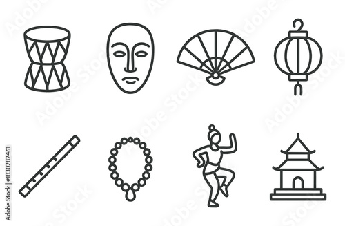 Traditional asian cultural symbols: drum, mask, fan, lantern, flute, necklace, dancer, pagoda