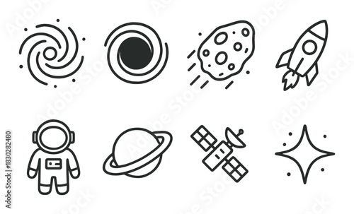 Space icons set: galaxy, black hole, asteroid, rocket, astronaut, planet, satellite, star