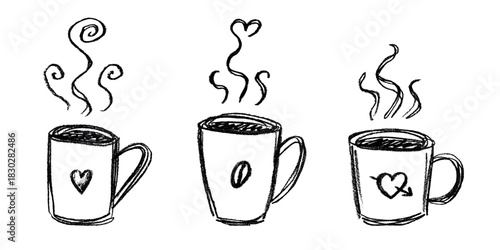 Set of cup of tea or coffee with rising steam Simple mug clipart Cozy home doodle Single element for print, web, design, decor