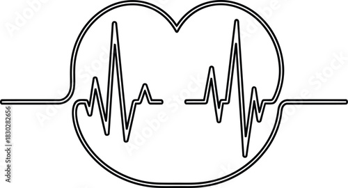 Outline of a heart shape containing an electrocardiogram line representing a healthy heartbeat, isolated on white background