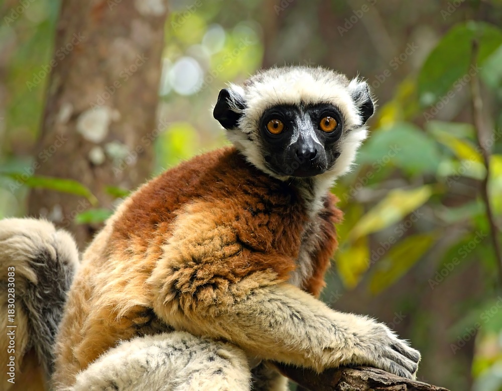Fototapeta premium Close-up of a Verreaux's Sifaka Lemur Looking Directly at the Camera in Forest