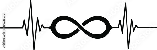 Black infinity symbol integrated with a heartbeat ekg line representing eternal life and medical rhythm isolated on white background