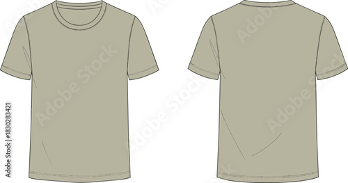 Crewneck t-shirt front and back flat sketch, short sleeve standard hem seam detail, cad drawing flat vector illustration fashion template