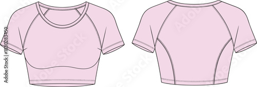 Cropped athletic top front and back flat sketch, raglan sleeve contour seam fitted silhouette, cad drawing flat vector illustration fashion template