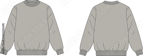 Crewneck sweatshirt front and back technical sketch, long sleeves with ribbed trim, flat vector fashion illustration for garment design or apparel catalog template