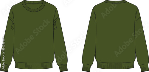 Crewneck sweatshirt front and back flat sketch, ribbed neckline cuff hem upper arm seam detail, cad drawing flat vector illustration fashion template
