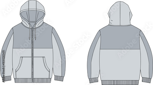 Color-block zip hoodie front and back flat sketch, patch pocket drawstring hood ribbed cuff hem detail, cad drawing flat vector illustration template