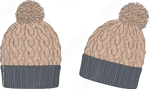 Cable knit winter hat front and side view flat sketch, pom-pom ribbed brim textured detail, cad drawing flat vector illustration fashion accessory template