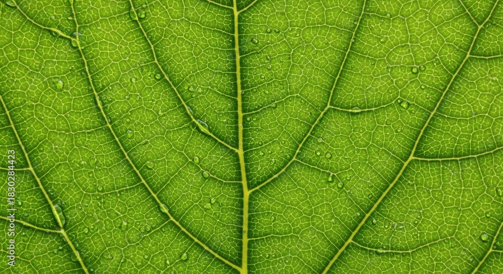 Obraz premium Detailed Close-Up Green Leaf Vein Texture and Water Droplets