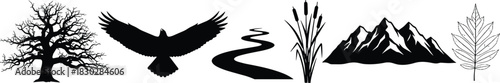 Nature silhouette icons, tree, bird, river, cattail, mountain, leaf, black symbols, ecosystem elements, outdoor theme, minimal graphic set