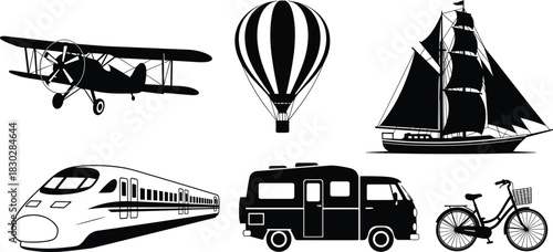 Transport icons, biplane, hot air balloon, sailing ship, train, camper van, bicycle, silhouette style, travel modes, black symbols, adventure set