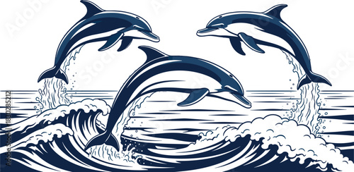 Dolphins jumping in ocean waves, marine wildlife illustration, blue monochrome, sea splash art, aquatic nature scene, dynamic animal design