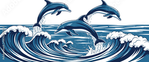 Dolphins jumping in ocean waves, marine wildlife illustration, playful sea animals, blue water splash, dynamic aquatic scene, ocean nature art