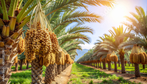 A vibrant view of a date palm orchard with rows of trees bearing clusters of fresh dates, illuminated by bright, warm sunlight and a clear blue sky.