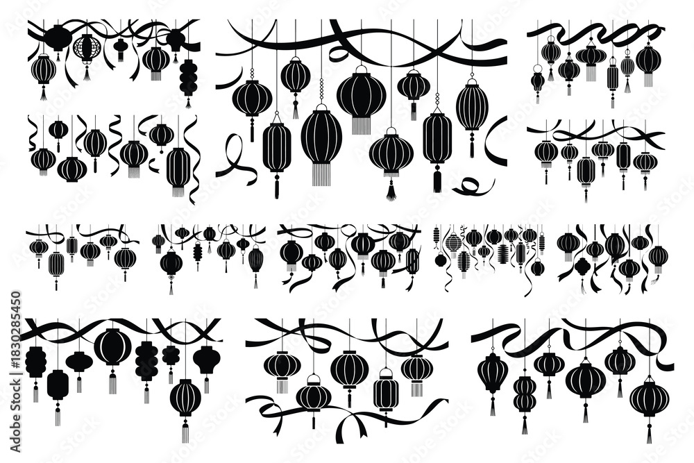 Fototapeta premium Black Chinese lanterns and ribbons hanging decorative elements