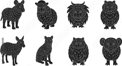 Hybrid animal illustrations, sheep-based creatures, symbolic cartoon icons, black and white design, lion bear fox ram mix, minimal style