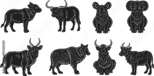 Horned animal illustrations, buffalo ram goat yak, black and white engraved style, detailed line art, symbolic wildlife icons, minimal design