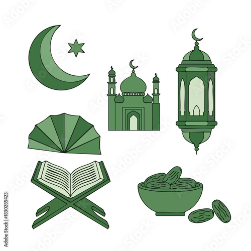 A collection of green Islamic symbols including a mosque, Quran, lantern, and dates for Ramadan.