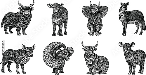Stylized horned animal illustrations, yak ram antelope goat, black and white line art, decorative patterns, fantasy wildlife icons, minimal design