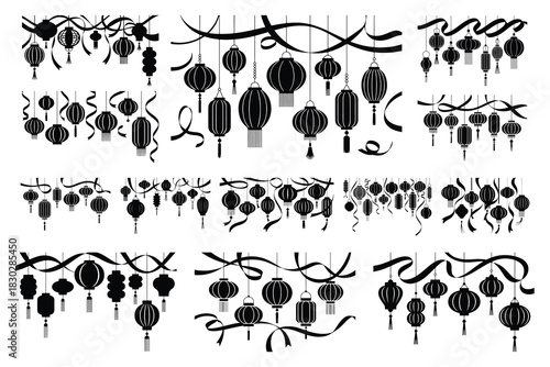 Black Chinese lanterns and ribbons hanging decorative elements