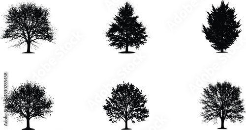 Tree silhouette icons, foliage shapes, seasonal trees, black symbols, nature graphics, forest elements, botanical design, landscape art, minimal set