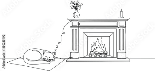 Cat fireplace candle flame logs mantle plant pot rug sleeping warmth comfort