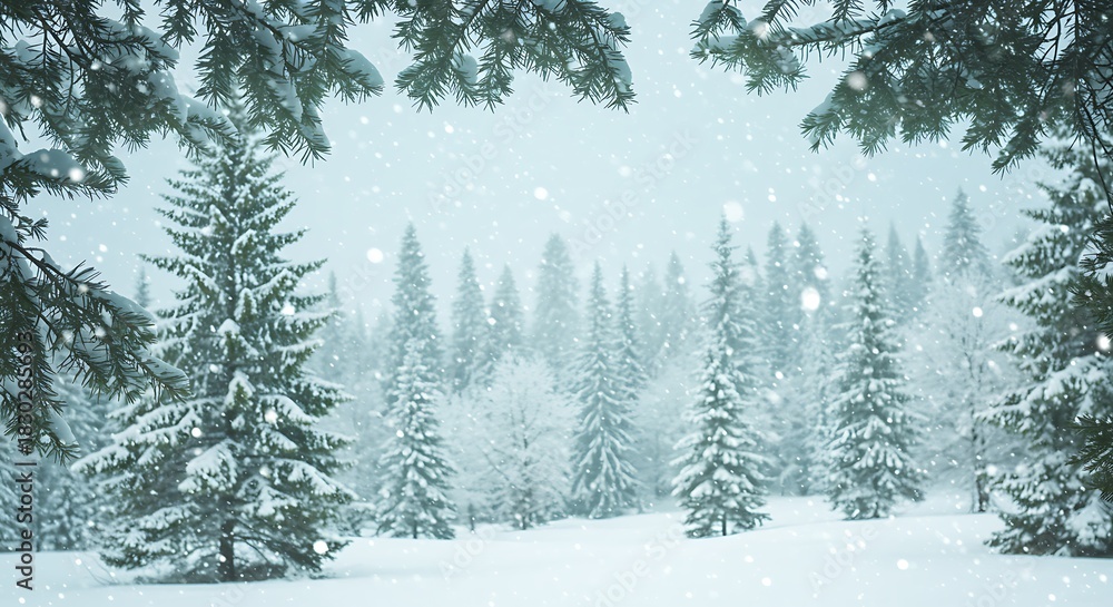 Obraz premium A peaceful winter landscape featuring snow covered evergreen trees and falling snow.