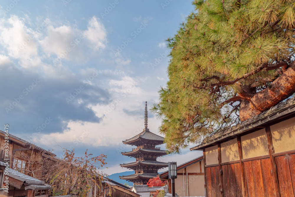 Fototapeta premium Gion,The district was built to accommodate the needs of travellers and visitors to the shrine.It eventually evolved to become one of the most exclusive and well-known geisha districts in all of Japan 