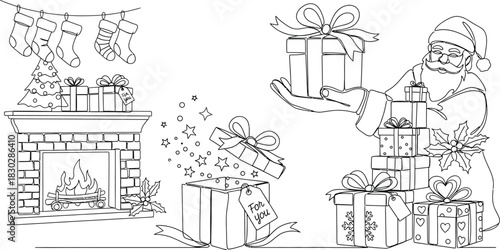Christmas santa gifts fireplace stockings holiday presents winter joy eve