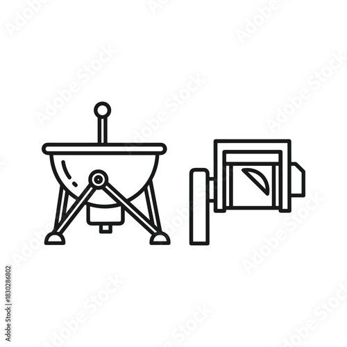 Cooking pot on stand and rotating drum mixer outline icons