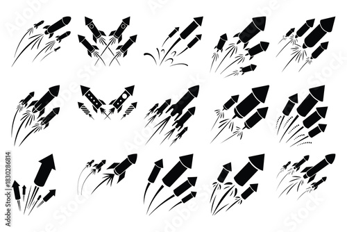 Black rocket and firework icons launching upwards blast off