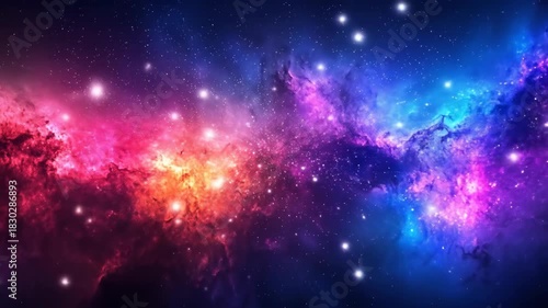 Colorful, vibrant nebula with swirling gases and bright stars scattered
