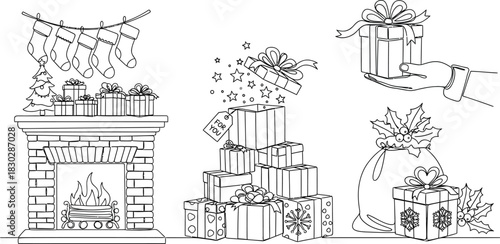 Christmas fireplace gifts stockings holiday celebration winter season present joy