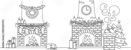 Christmas fireplace stockings gifts wreath cat tree candles holiday season home